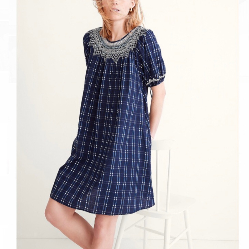 Madewell Embroidered Puff-Sleeve Babydoll Dress in Shibori Plaid